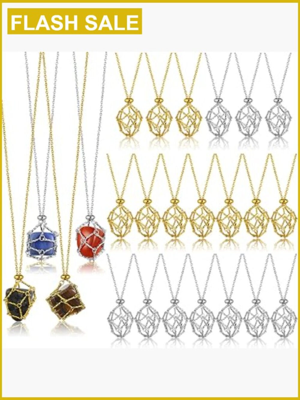 24 Pcs Crystal Holder Necklace Set - Stainless Steel Boho Pendant